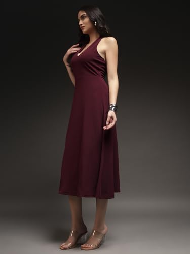 Trend Arrest.ed Women's Fit and Flare Midi Dress | V Neck Tie-Back Halter Style | Stretchable Fabric | Sleeveless Flowy Dress for Brunch, Beach, Vacation & Casual Outings view 1