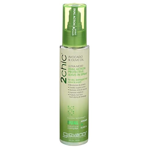 GIOVANNI 2chic Ultra-Moist Dual Action Protective Leave-In Spray, 4 oz. - Protects from Heat Styling Breakage, Avocado & Olive Oil, Aloe Vera, Shea Butter, Botanical Extracts, No Parabens, Color Safe