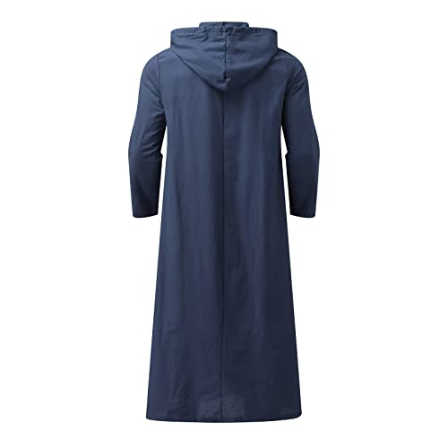 Muslim Hooded Kaftans for Men Linen Robe Long Sleeve Button Down Long Gown Drawstring Shirts Thobe with Pockets4