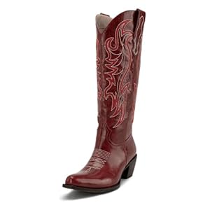 Huntarry Cowboy Boots for Women Wide Calf Knee High Cowgirl Boots Western Embroidery Poninted Toe Mid Heel Wedding Boots