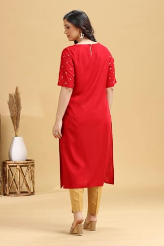 Image of Cotton Culture Red Embroidered Straight Kurta