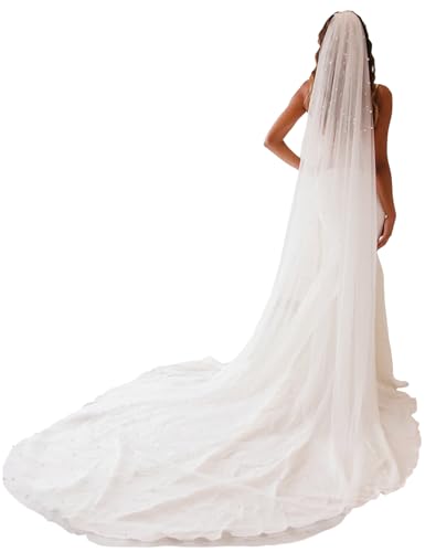 MYMBAC Wedding Veil 1 Tier Pearl Veil Tulle with Metal Comb Elbow/Fingertip/Waltz/Chapel/Cathedral Length Bridal Veil (Ivory Cathedral Length (500cm/197inch))