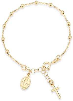 Miabella 18K Gold Over Sterling Silver Italian Rosary Cross Bead Charm Link Chain Bracelet for Women, Adjustable, 925 Made in Italy