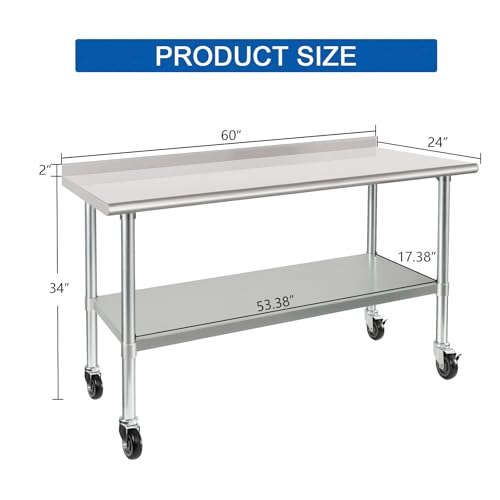 Image of HARDURA Stainless Steel Table 24 x 60 Inches with Wheels Casters NSF Heavy Duty Commercial Prep Table with 2 inch Backsplash and Adjustable Undershelf for Restaurant Kitchen Home and Hotel