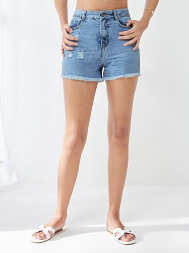 Image of Miss Chase Women's Relaxed Mid Rise Regular Non Stretchable Denim Shorts