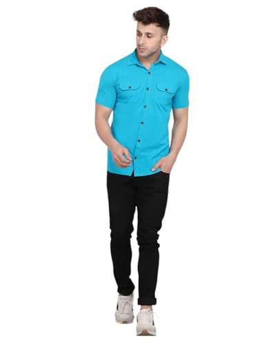 Image of Men's Half Sleeve Shirt - Spread Collar Casual Shirt with Double Flap Pockets - Slim Fit Cotton Blend Button-Down
