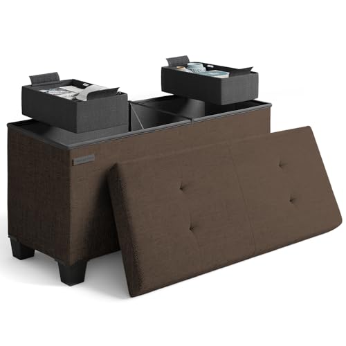 STORAGEBUD with Bins, 30-in Storage Bench for Bedroom Ottoman Ottoman Footstool Foldable Living Room, Storage Chest Max 300kg, Fabric Brown, 30 inch