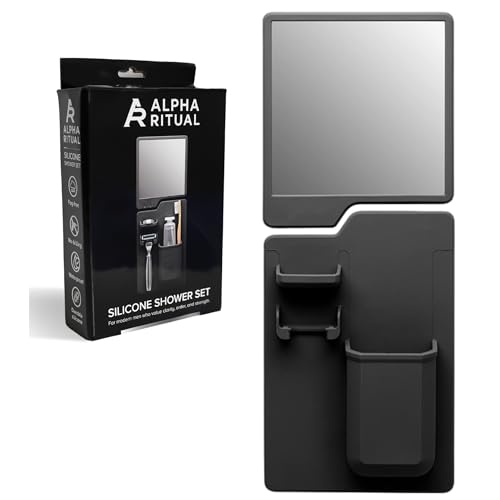 Alpha Ritual Duschspiegel zum Rasieren mit Zahnbürsten & Rasiererhalter Silikon Dusch-Organizer für Bad & Dusche Bruchsicherer Rasierspiegel - starker Halt mit Silikon-Grip-Technologie