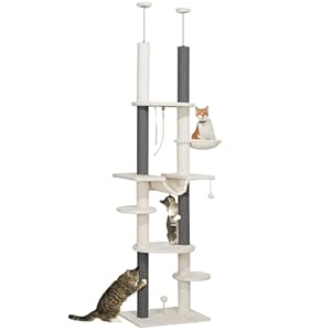 PawHut Cat Tree Tower, Floor to Ceiling Cat Tree, Adjustable Height (89″- 100″), 7 Tier Cat Tower with Scratching Posts, Hammock, Perches, Toy Balls & Rope Cat Toy for Indoor Cats, White