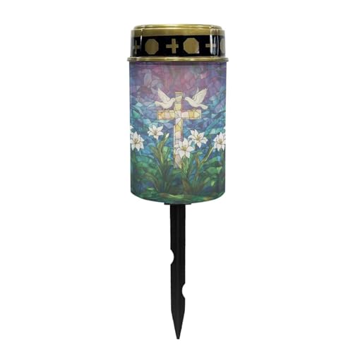 Image of Solar Lighted Cross Pigeon Lily Print Waterproof Solar Grave Outdoor Lights for Cemetery Landscape Path Flamesless Candle Garden Stake Light for Outdoor Yard Patio