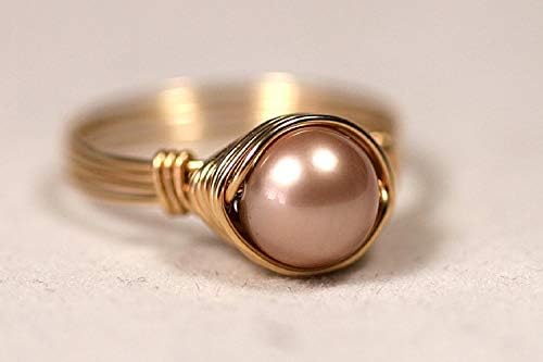 Gold Beige Pearl Ring Powder Almond Nacre Pearl Wire Wrapped Handmade Jewelry