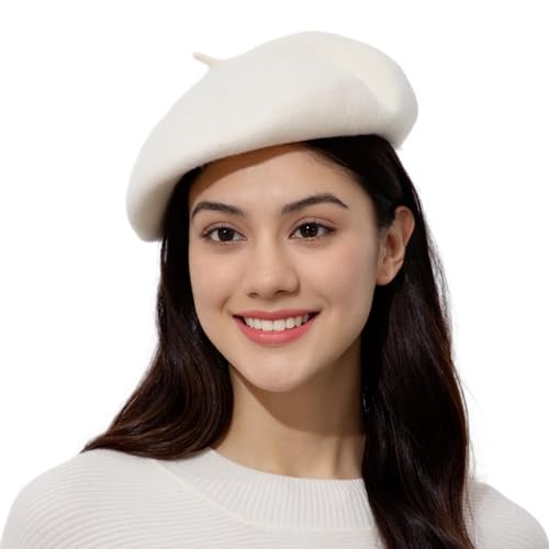 Opiniones de Boinas para Mujer Top 10. 50 Boina clásica de lana para mujer, hombre, pintor, boina francesa para hombre y mujer, invierno cálido., Blanco, 7 1/8