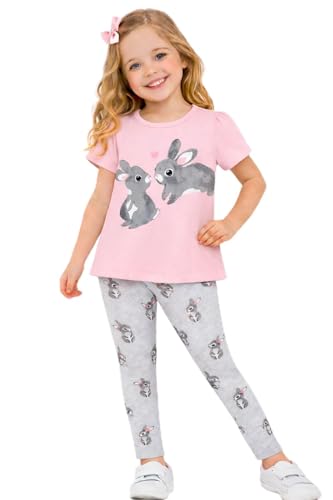 Image of HILEELANG Toddler Girl Easter Outfit Spring Summer Cotton Leggings Pants Tees Shirts Clothing Sets
