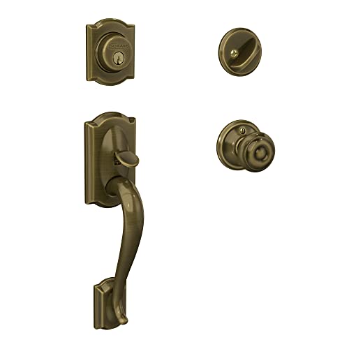 Image of Schlage F60 V CAM 609 GEO Camelot Front Entry Handleset with Georgian Knob, Deadbolt Keyed 1 Side, Antique Brass