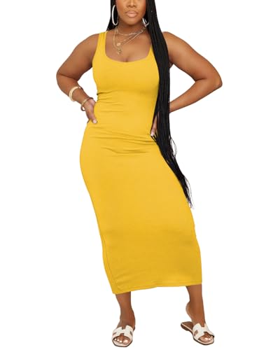 Image of Women Casual Summer Tank Top Dress Ribbed Bodycon Midi Sleeveless Sundress Sundress Basic Slim Fitted Pencil Dresses