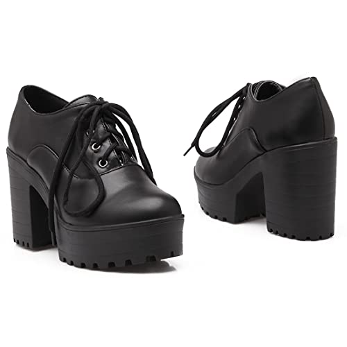 VOKLIN Women's Platform Chunky Block High Heels Pumps Oxford Round Toe Leather Vintage Lace Up Dress Shoes2