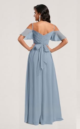 Women’s Off Shoulder Chiffon Bridesmaid Dresses Long for Wedding with Slit Flutter Sleeves Ruched Formal Gowns2
