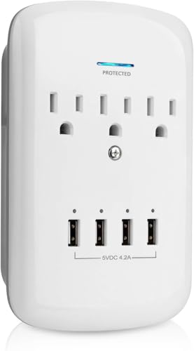 1200-Joule Wall Mount Surge Protector, 4 USB Charging Ports (5VDC/4.2A) and 3 Grounded Outlets (15A/125V/1875W), ETL Listed, White