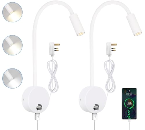 ERWEY 2Pcs Reading Lamp Wall Mounted, LED Bedside Light with Switch Touch Dimmable and USB Charging Port, Bed Reading Light 360° Swing Gooseneck Lamp with Plug and Cable for Bedroom (White) - Cosy Home Interiors ERWEY 2Pcs Reading Lamp Wall Mounted, LED Bedside Light with Switch Touch Dimmable and USB Charging Port, Bed Reading Light 360° Swing Gooseneck Lamp with Plug and Cable for Bedroom (White)