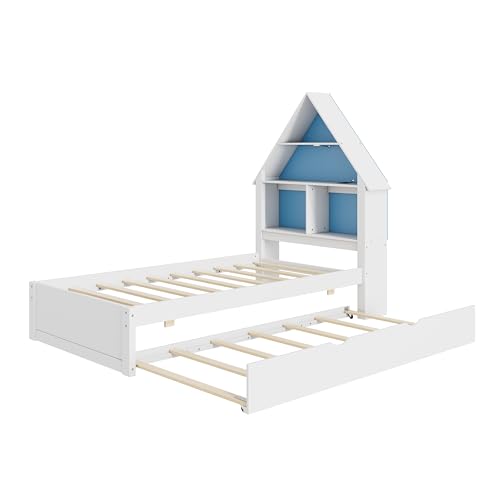 Twin-Size-House-Shaped-Bed-with-Bookcase-Headboard-and-Led-Light-and-Twin-Size-Trundle-for-Boys-Girls-Blue-White Twin Size House Shaped Bed with Bookcase Headboard and Led Light and Twin Size Trundle for Boys Girls Blue White