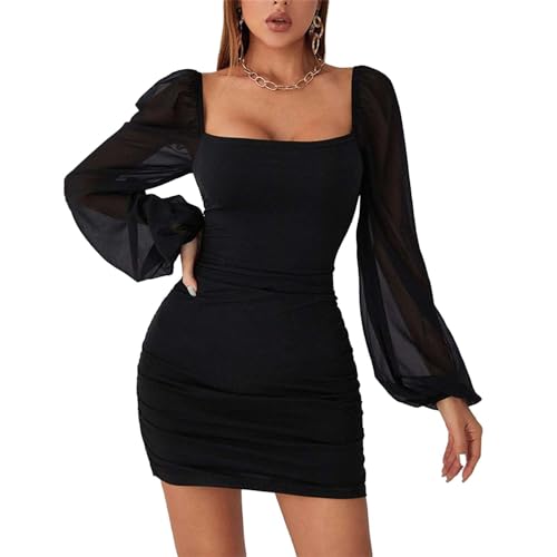 Womens Long Lantern Sleeve Dresses Square Neck Sexy Ruched Net Yarn Puff Sleeve Bodycon Short dresses Fit and Flare Dinner Dress for Casual Daily Birthday Dating Dance Performance Party Wedding HL