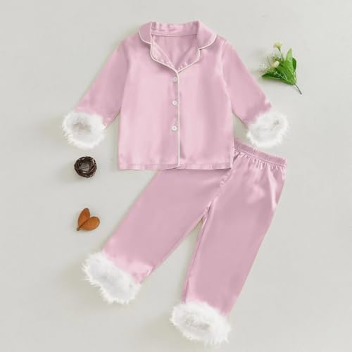 2pc Plush Cuff Satin 𝐏ajamas Sets for Girls Cute Plain Long Sleeve Open Front 𝐏𝐉 Shirt and Thin Silky Pants Sl𝐞epwear2