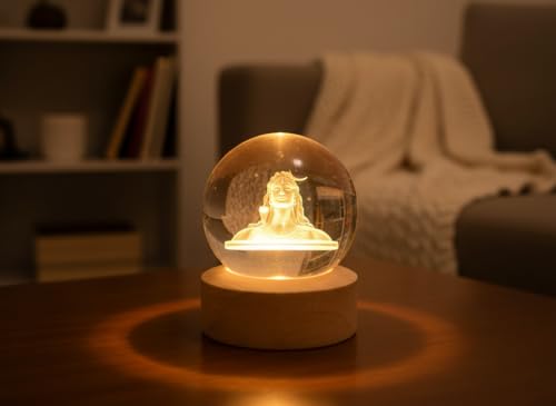 Image of 3D Crystal Ball Night Lamp - LED USB Decorative Light with Wooden Base - Laser Engraved Adiyogi Design for Home Decor & Gifting