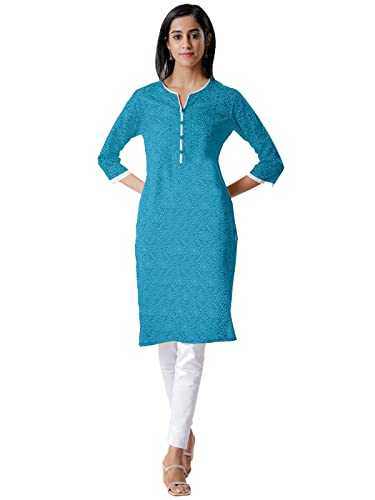 Image of rangita Turquoise Rayon Knee Length Printed Straight Kurti for Women | Kurta for Women