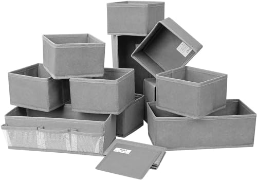 DIMJ 12 Pezzi Set Organizer Cassetti, Non Tessuto Cassetto Organizer, Divisori per Cassetti, Scatola di Immagazzinaggio Pieghevole, Grigio Puro