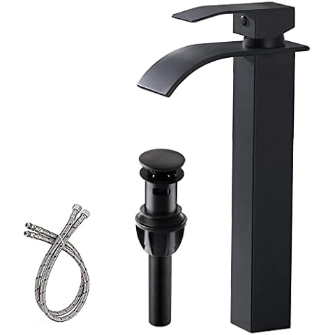 VAPSINT Modern Matte Black Vessel Sink Faucet,Wide Spout Waterfall Single Hole Tall Bathroom Faucet,Vanity Mixer Bowl Tap with Overflow Pop up Drain Cover