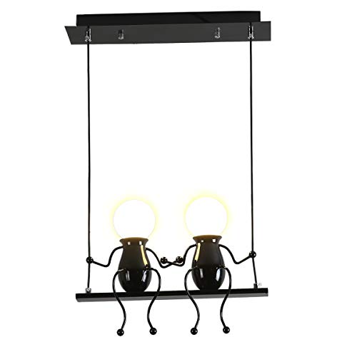 Preisvergleich Produktbild Pendelleuchte Schwarz LED Kreativ Kronleuchter Modern Design Karikaturen Charakter Deckenbeleuchtung Esszimmer Schlafzimmer Wohnzimmer Kinderzimmer Deko Einstellbar Hängeleuchte Eisen E27 (Black, Two)