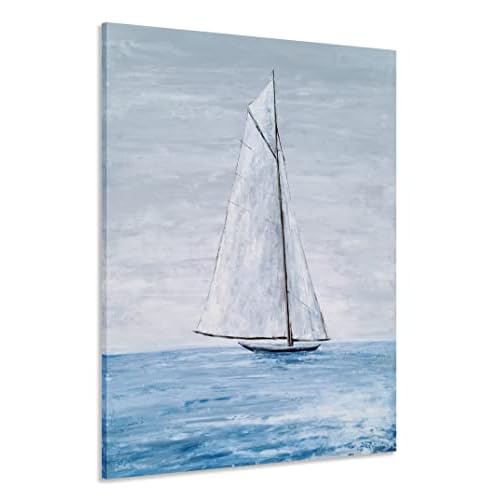 Yihui Arts Coastal Canvas Wall Art - Blue and White Nautical Boat Painting for Bathroom, Living Room, Bedroom, and Hallway Decor 36"L x 24"W Boat Art