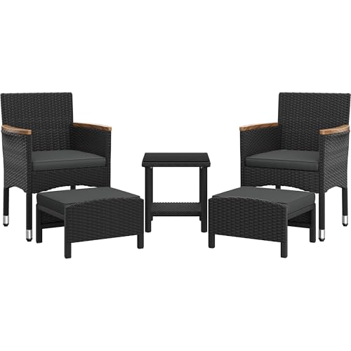 Yaheetech 5er Set Rattan Gartenmöbel Balkonmöbel Terassenmöbel Außen Kleiner Balkon mit 2 Einzelsofas & 2 Fußhocker & 1 Kaffeetisch, Schwarz & Grau