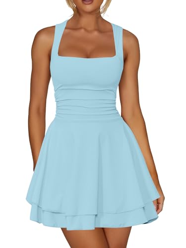 Image of Kaximil Women's Square Neck Ruffle Hem Mini Dress Ruched Waist Short Party Dresses