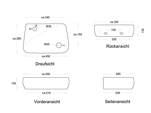 Waschbecken24 | Kleines Waschbecken Gäste Wc | Handwaschbecken Mit Lotus-Effekt | Platzsparendes Waschbecken Für Badezimmer | Modernes Design | Einfache Installation (45x28x13cm, Weiß / H90)