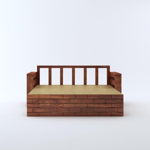 Image of MAMTA DECORATION Wooden Sofa Cum Bed for Living Room | Solid Sheesham Wood Convertible 3 Seater Diwan Sofa Bed with Pull-Out Storage Armrest | Folding Double Bed for Home & Guest Room | Honey Finish