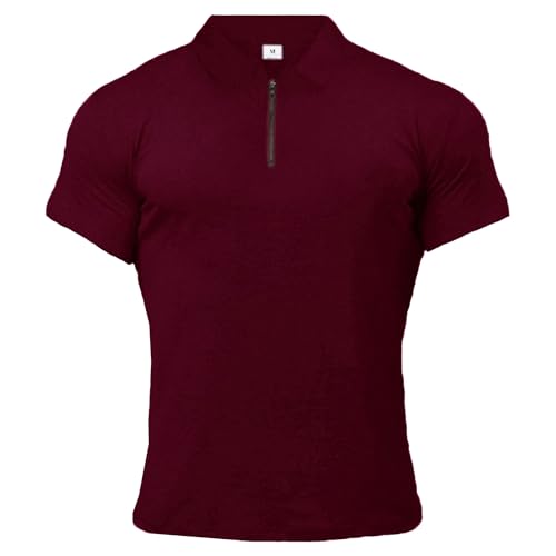 Men Trendy Slim Fitness Polo Shirt Suit Collar Quarter Zipper T Shirts Summer Classic Comfortable Jogging Pullover (Wine Red,Medium)