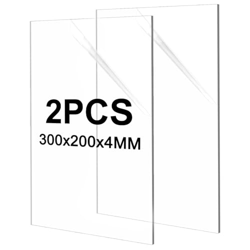 LOPYXBR 2 Pcs Planchas de Metacrilato Transparente 300x200x4mm, Paneles de Vidrio Orgánico para Manualidades, Láminas de Plástico Rígido a Medida para Bricolaje y Cartelería, Tableros Acrílicos