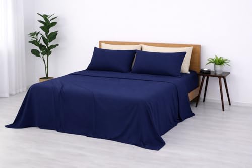 Image of Blue Strip Polycotton Bedsheet, Double 90x100 (Navy Blue) | Hotel Quality | Soft, Breathable & Colourfast | Wrinkle Resistant | Machine Washable | Pillow Covers Included