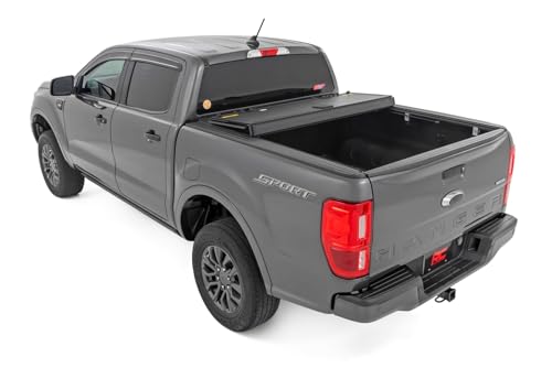 Image of Rough Country Hard Flip Up Truck Bed Cover for Ford Ranger (2019-2023) - Fits 5' (61 inch) Bed, Weather-Resistant, Tri-Fold Aluminum Panels
