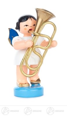 Ange au tuba bleu pour décoration de Noël en bois figurine suspendue de 6 cm
