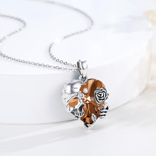 Image of S925 Sterling Silver Skull Pendant Necklace Heart Crystal Birthstone Skull Necklace Gothic Jewlery Gifts