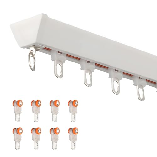 Sistema de riel de cortina sin costuras de 70 cm a 600 cm, juego de barra de cortina de aluminio con inclinación en V para techo, riel único con rodillos silenciosos (blanco, 90 cm)