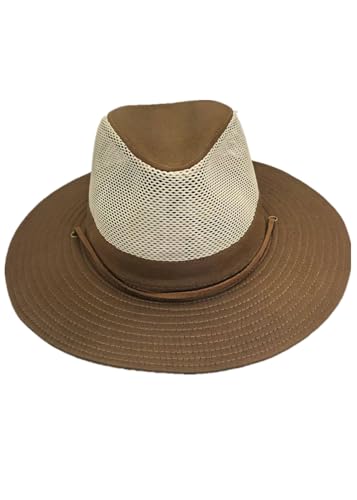 Image of Men's Flat Wide Brim Mesh Safari Outdoor Hat Panama Hat Travel Fishing Hiking with Windproof