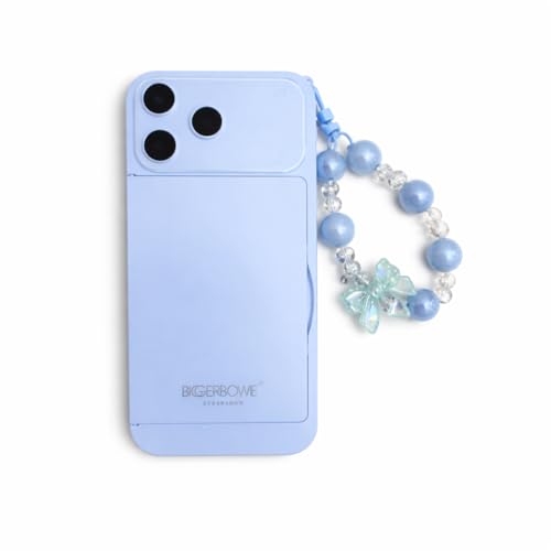 Image of 2 in 1 Faux Phone Case Makeup Palette with Mirror & Applicator | Pastel Portable Eyeshadow Kit | Compact Travel Makeup Box with Beaded Strap (Blue)