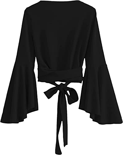 Image of TASHVIKA'S Women's Long Sleeve V Neck Tie Knot Wrap Blouse Top