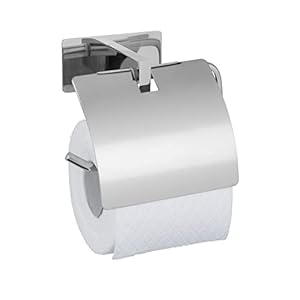 WENKO Turbo-Loc® toiletpapierhouder Genova Shine met deksel, wandhouder voor toiletpapierrol, bevestigen zonder boren met kleefpadsysteem, houder van roestvrij staal, 14 x 11,4 x 6,2 cm, glanzend