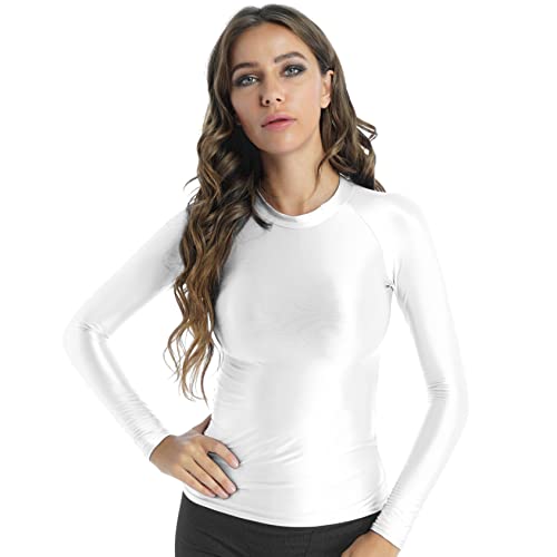 Daenrui Women's Glossy Silky Long Sleeves Gym Shirts Top Casual Compression Workout Yoga Tops White X-Large