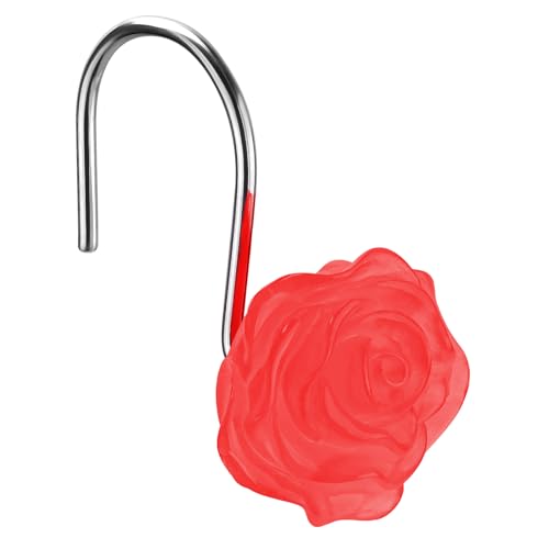 Decorative Rose Flower Shower Curtain Hooks, Red, Glow in The Dark, 12 Pack