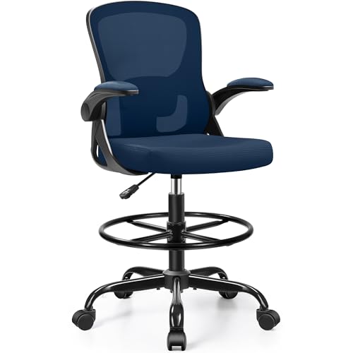 Image of Ergonomic Drafting Chair for Standing Desk, Office Chair with Adjustable Height, Flip-Up Armrests & Footrest Ring, 360 Swivel Mesh High Desk Chair for Studio, Study, Artist, Gaming, Work Navy